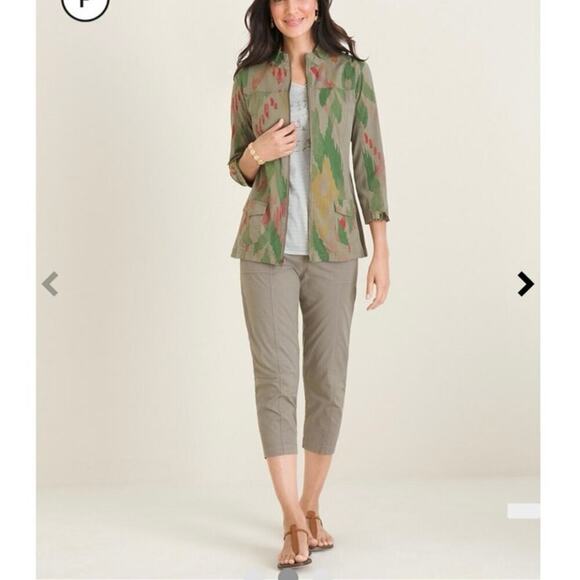 CHICO’S ZENERGY NWT Ikat Print Olive Green & Khaki Utility Jacket Size 3 (16-18) - Picture 1 of 15